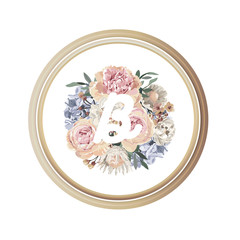 Luxury floral greeting card with orange, pink and purple flowers on white background and wooden circle frame.