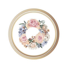 Luxury floral greeting card with orange, pink and purple flowers on white background and wooden circle frame.