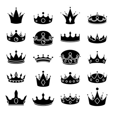 Monarch medieval royal crown queen king lord princess prince head cartoon silhouette icons set isolated vector illustration