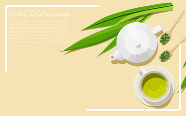Healthy herbal tea concept. Alternative medicine from herbs. A tea set with dried and fresh pandan leaves. Top view. Flat lay. Copy space. Vector illustration.