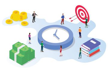 time management saving concept with team people working together with money big clock goals target and books with modern isometric style - vector