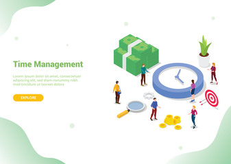 time management saving concept with team people working together with modern isometric style for website template banner or landing homepage - vector