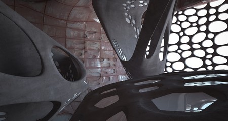 Empty smooth abstract room interior of sheets rusted metal . Architectural background. 3D illustration and rendering