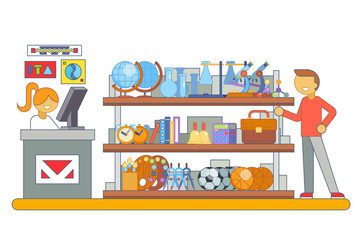 Obraz premium Shop purchase goods shopping cart preparation education colladge school knowledge flat design character vector illustration
