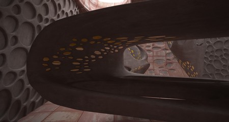 Empty smooth abstract room interior of sheets rusted metal . Architectural background. 3D illustration and rendering