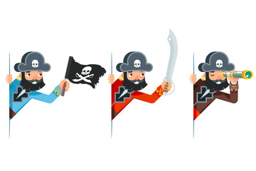 Spyglass telescope saber skull flag sea dog pirate buccaneer filibuster corsair look out corner cartoon characters set flat design vector illustration