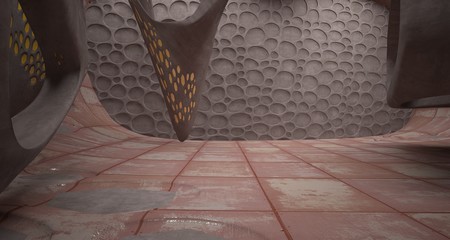 Empty smooth abstract room interior of sheets rusted metal . Architectural background. 3D illustration and rendering