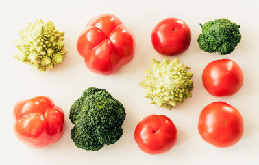 Plant based raw food seasonal vegetables background, vegan food cooking ingredients, top view.