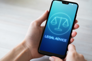 Legal advice icons on mobile phone screen. Attorney at law, consultation, supprot. Business concept.