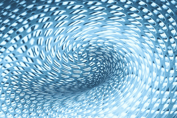 Spherical warp of space at edge of shot. Fantastic background image of wormhole of metallic and...