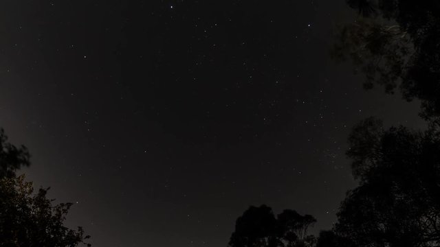 Scudding clouds pass over a classic, stunning Queenland nighlapse framed by gumtrees