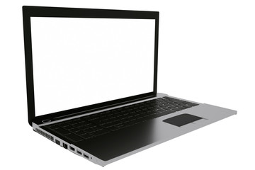 Modern laptop with blank white screen isolated on white. 3d illustration