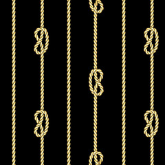 Fototapeta na wymiar Golden Vertical Straped Ropes with Sea Knot Seamless Pattern.