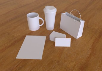 Mockups set for branding. Business card template, tea cup, coffee cup, bag and blank on light wood background. Realistic 3d render illustration.