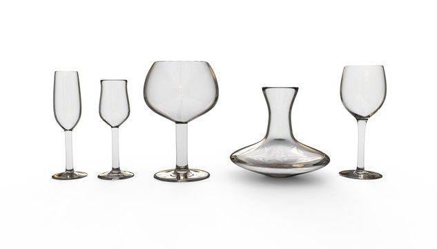 Pure transparent wine glasses and wine decanter isolated on white. Realistic 3d illustration set.