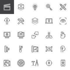 Creative process design line icons set. linear style symbols collection, outline signs pack. vector graphics. Set includes icons as 3d modeling, Idea lamp, curvature tool, brain light bulb, art design