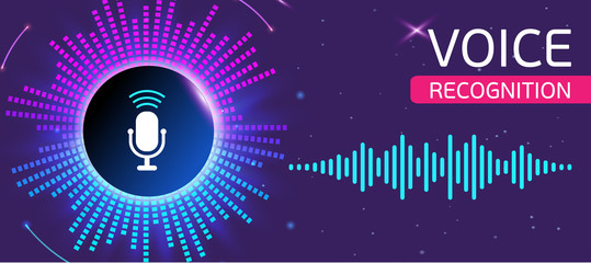 Bright banner for voice and sound recording with glowing equalizer on dark background. vector Illustration.