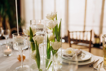 Luxury dishes are a nice serving table in the restaurant. Birthday celebration
