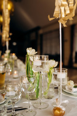 Luxury dishes are a nice serving table in the restaurant. Birthday celebration