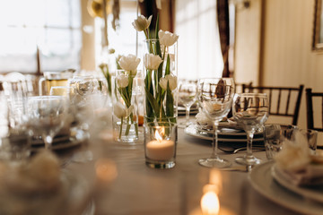 Luxury dishes are a nice serving table in the restaurant. Birthday celebration