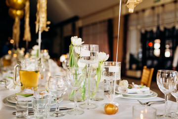 Luxury dishes are a nice serving table in the restaurant. Birthday celebration