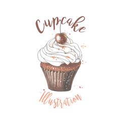 Vector hand drawn illustration of cupcake with cherry. Food llustration.