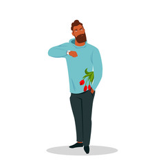 a guy with a bouquet of flowers looks at his watch. vector image of a person