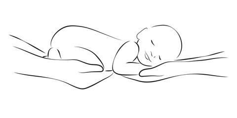 Sleeping baby on the parents hands, stylized line logo. Simple lines vector illustration. Stylized art for logos, signs, icons and design cards, invitations and baby shower