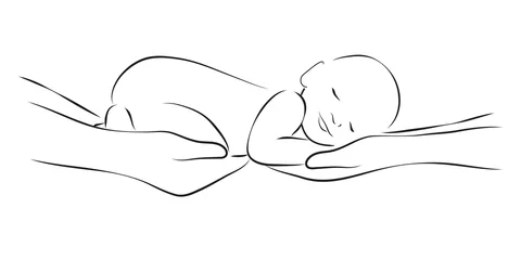 Fototapeten Sleeping baby on the parents hands, stylized line logo. Simple lines vector illustration. Stylized art for logos, signs, icons and design cards, invitations and baby shower © krizhanskaya