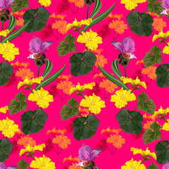 Tropical flower seamless pattern with pumpkin flower-vector