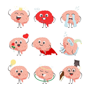 Brain cartoon characters making sport exercises and different activities design vector