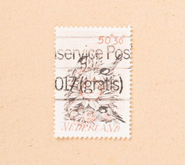 THE NETHERLANDS 1990: A stamp printed in the Netherlands shows a boy with a bird, circa 1990
