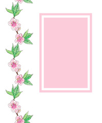 Watercolor frame with pink flowers isolated on white background