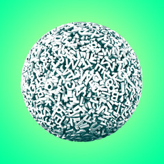 Big data concept. Huge amount 3d letters and numbers of white ball, isolated on green background, 3D illustration.