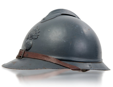 french military helmets of the First World War on white background