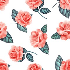Seamless floral pattern with red roses on white background