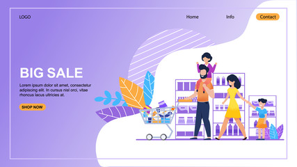 Big Sale in Online Store Landing Page Editable Template. Special Offer to Buy Now with Great Discount. Happy Vector Family Shopping Push Shop Cart Illustration. Advertising to Purchase at Good Prices