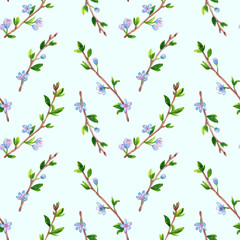 Floral seamless pattern with spring branches with flowers. Apple or cherry tree. Hand drawn watercolor illustration on blue.