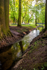 Beautiful summer spring landscape in a city park with a lake stream among green trees on a sunny day, summer spring background