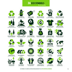 collections of eco friendly flat symbols, high detailed icons, graphic design web elements, alternative ecological concept, isolated emblems on clean white background, logotype vector art illustration