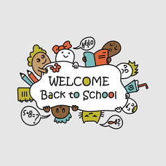 Back to school poster with doodles. children of different nationalities. Vector illustration
