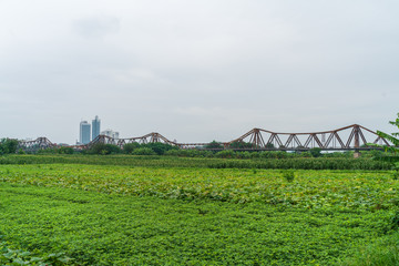 Fototapeta na wymiar Long Bien ancient metal bridge viewing from farming field in Hanoi, Vietnam