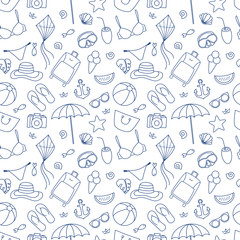 Summer seamless pettern. Drawing background with vacation items.