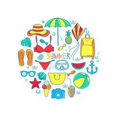 Summer travel icon set in circle shape.