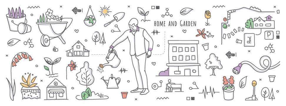 Doodle illustration of home and garden