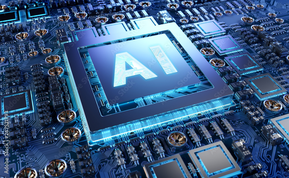 Poster artificial intelligence in a modern gpu card 3d rendering