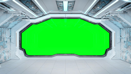 White blue spaceship futuristic interior mockup with window view 3d rendering © sdecoret