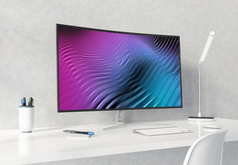 Curved monitor on white desktop concrete interior mockup 3D rendering