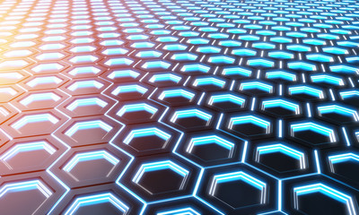Glowing black blue and orange hexagons background pattern on silver metal surface 3D rendering