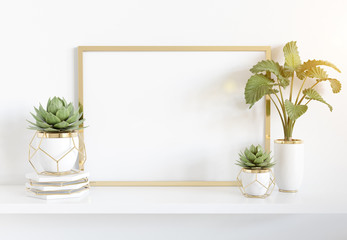 Naklejka na ściany i meble Frame leaning on white shelve in bright interior with plants and decorations mockup 3D rendering